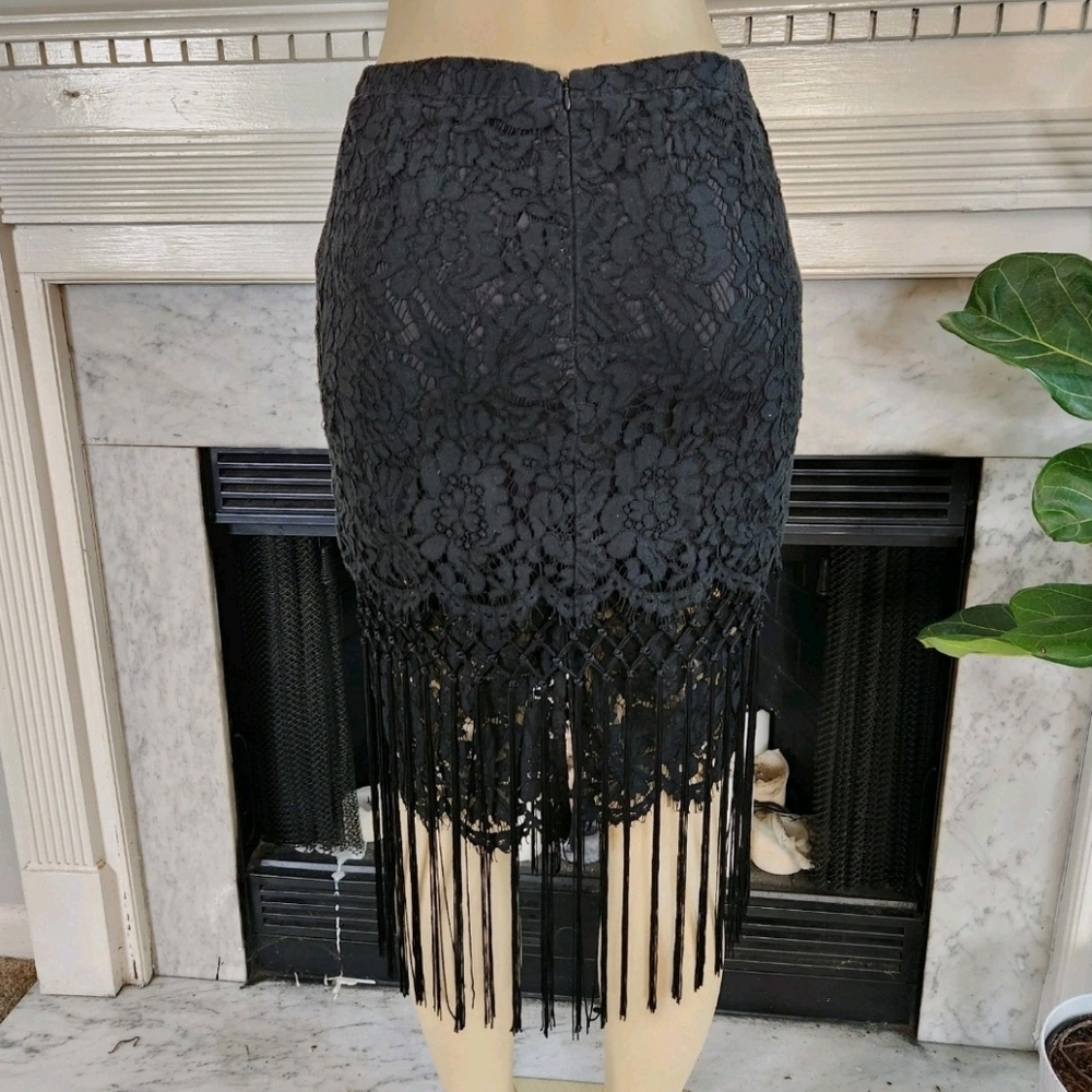 Black Lace Pencil Skirt Fringe Gothic Boho Office Siren Vamp Size Small - Picture 3 of 5